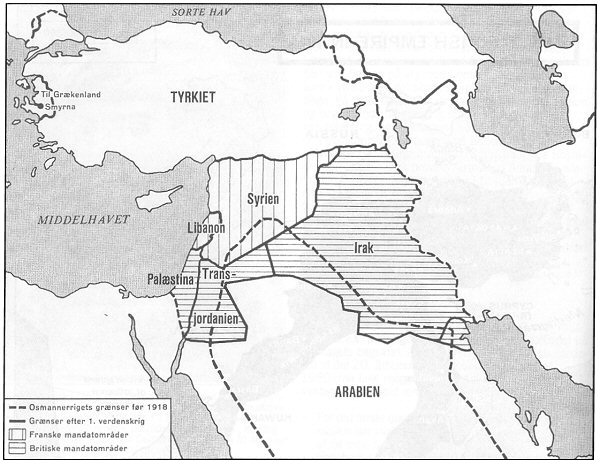 Osmannerrigets oplsning efter 1. verdenskrig og dannelsen af de nye mandatomrder og senere stater: Libanon, Syrien, Irak, Palstina og Transjordanien (det senere Jordan).