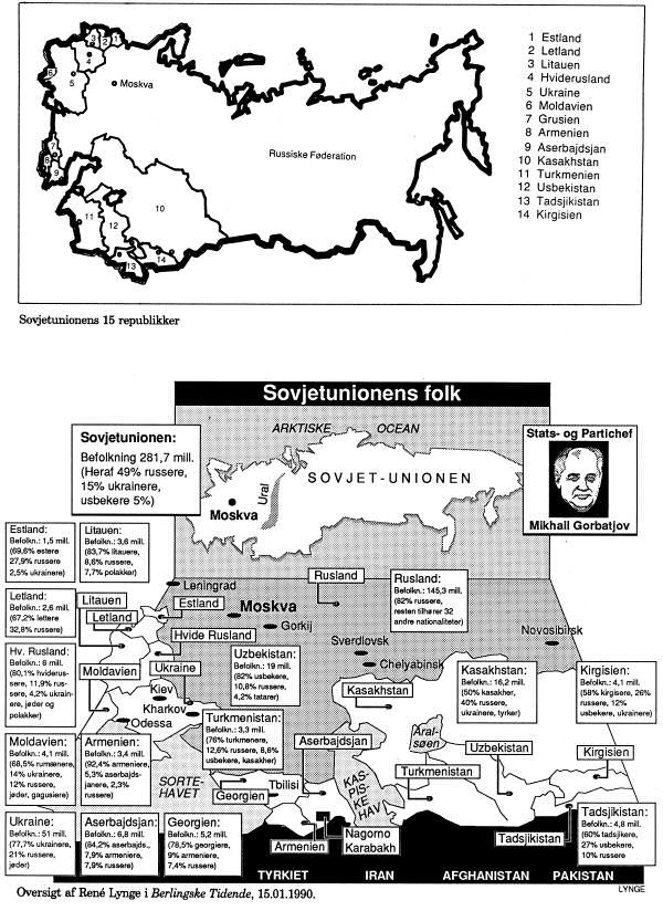 Oversigtskort over Sovjetunionens 15 republikker.